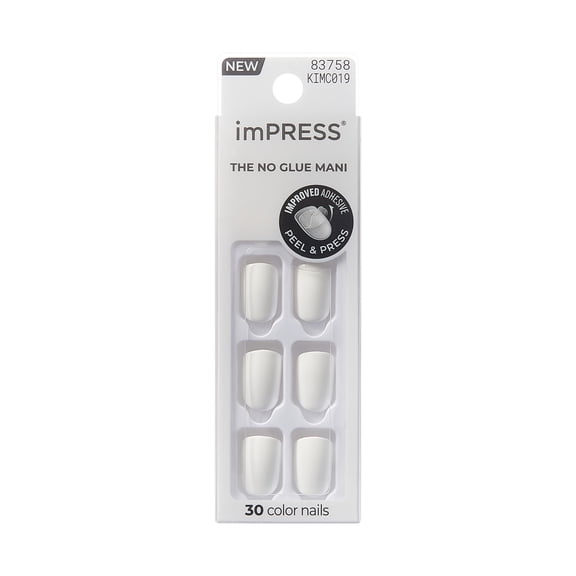 imPRESS Color Press On Nails, No Glue Needed, White, Short Squoval, 30 Ct.