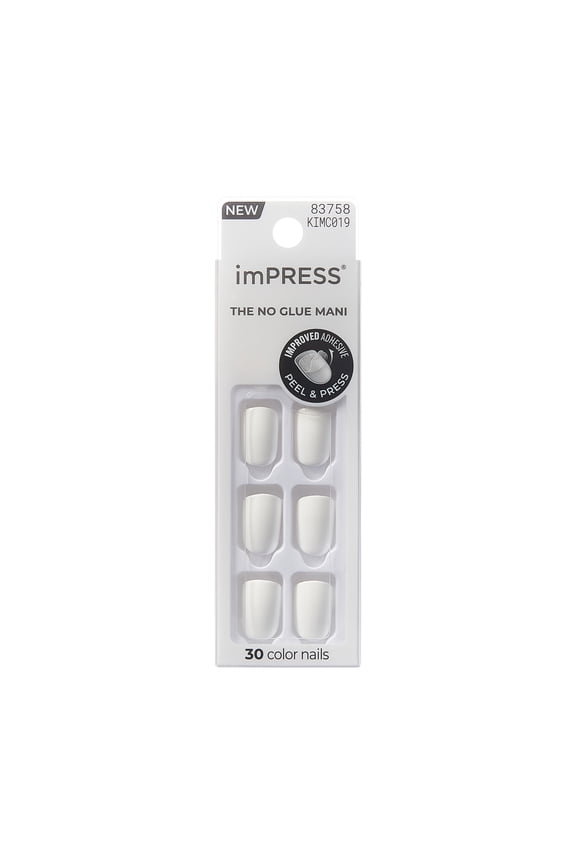 imPRESS Color Press On Nails, No Glue Needed, White, Short Squoval, 30 Ct.
