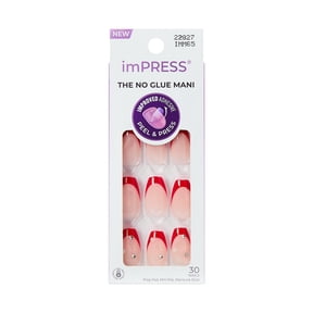 Kiss Impress Press on Nails, Happy World, Red, Medium Coffin, 30 Pieces