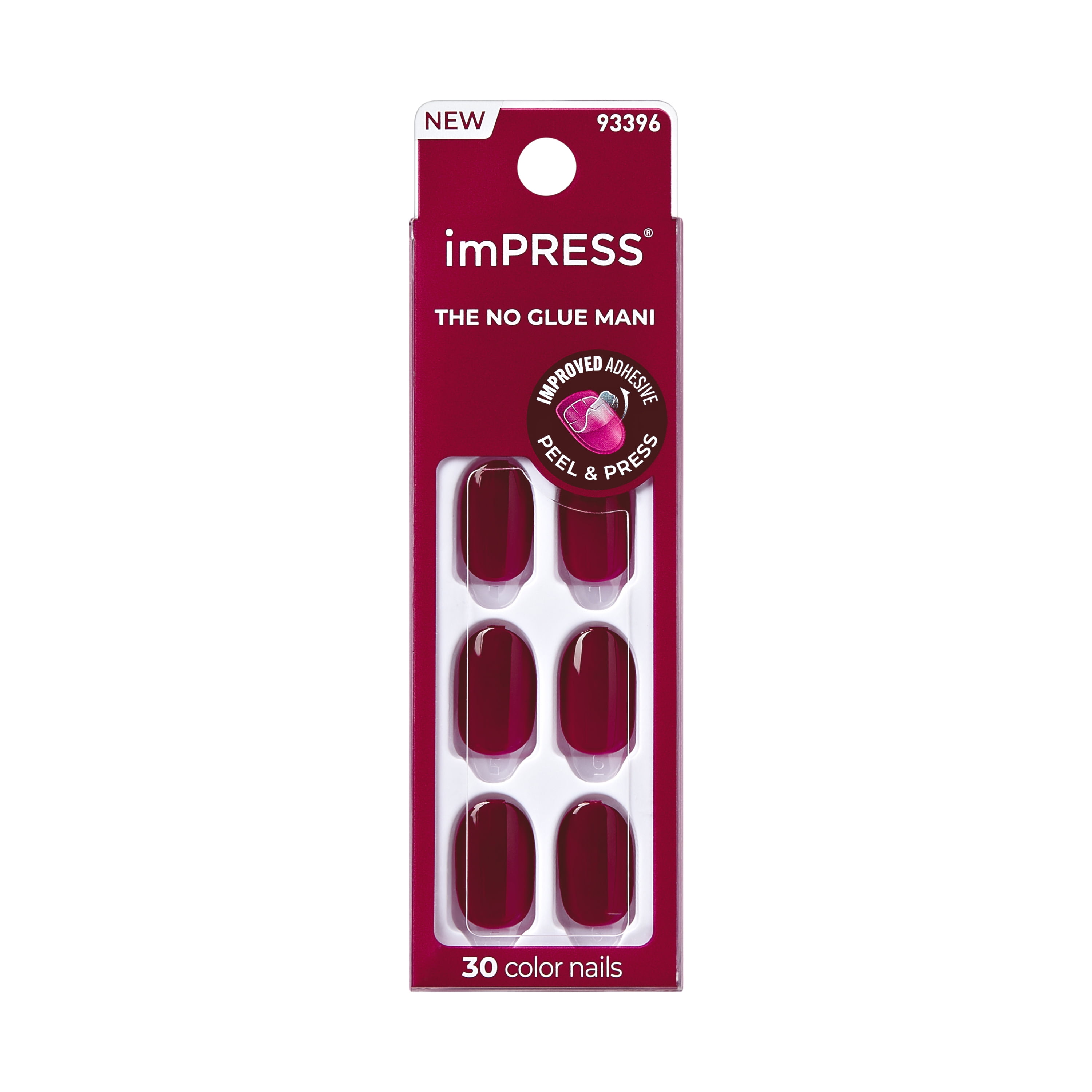 KISS imPRESS Press on Nails, Maplewood, Red, Short Oval, 30 Count