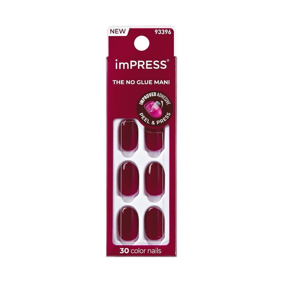 KISS imPRESS Press on Nails, Maplewood, Red, Short Oval, 30 Count