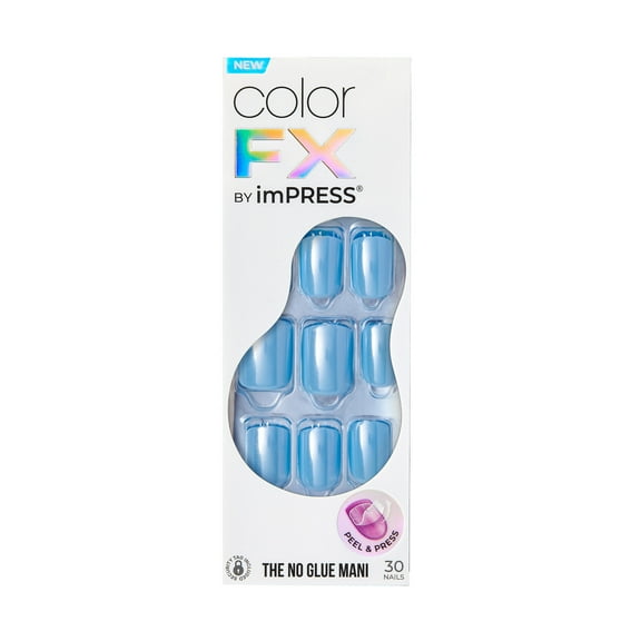 KISS imPRESS Color FX Press on Nails, Meta, Blue, Short Squoval, 30 Count