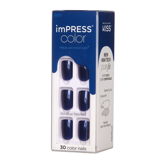 KISS imPRESS No Glue Needed Press On Nails, Color, Never Too Navy, Blue, Short Squoval, 30 Count