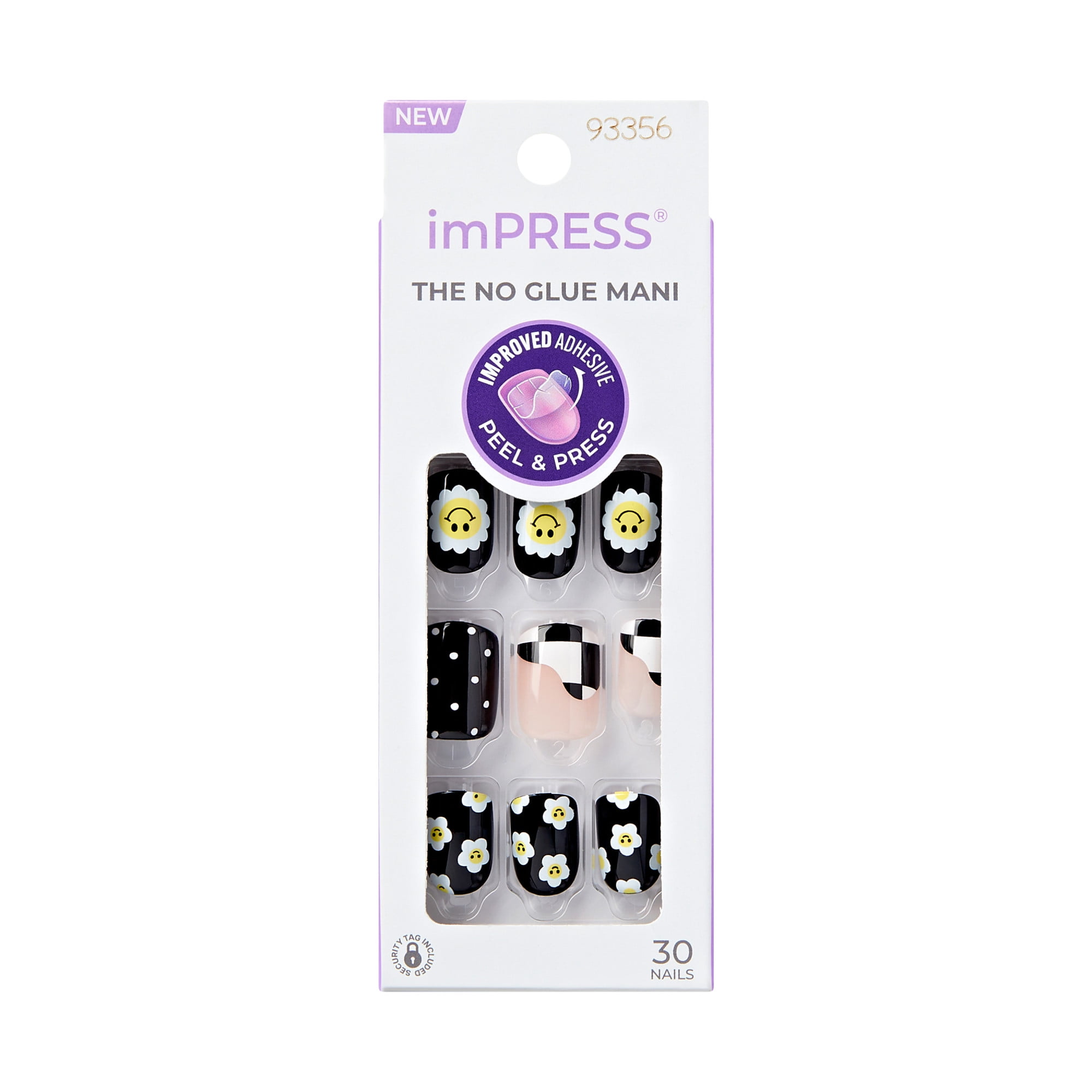 KISS imPRESS Design Press on Nails, Pandora, Black, Short Squoval, 30 Count