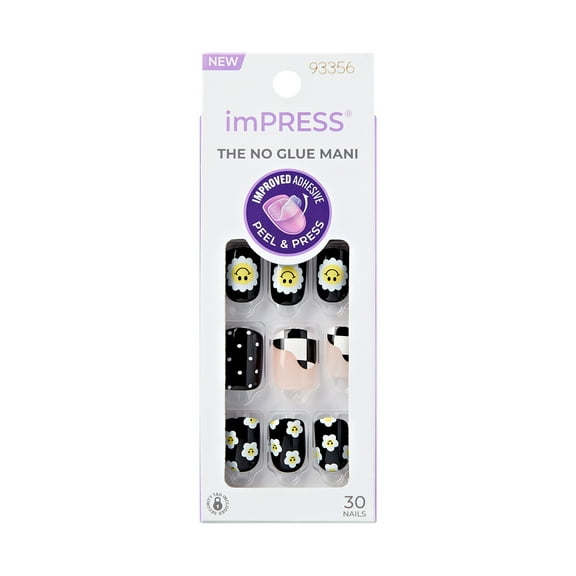 KISS imPRESS Design Press on Nails, Pandora, Black, Short Squoval, 30 Count