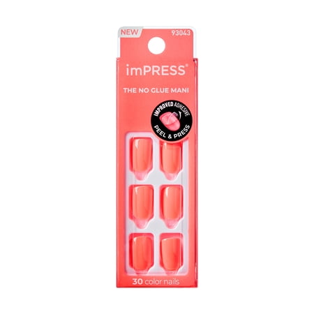 Impress Color Press On Nails, No Glue Needed, Orange, Short Length, Squoval Shape, 30 Ct.