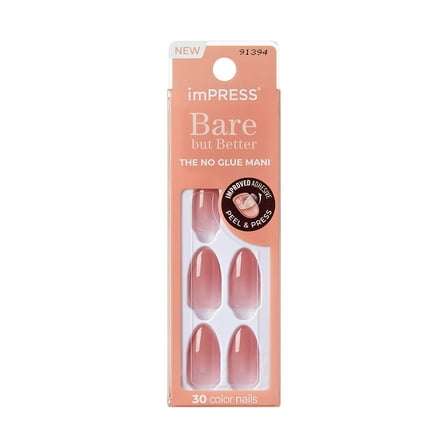 KISS imPRESS Bare but Better  Press on Nails, Serenity, Pink, Medium Almond, 30 Count