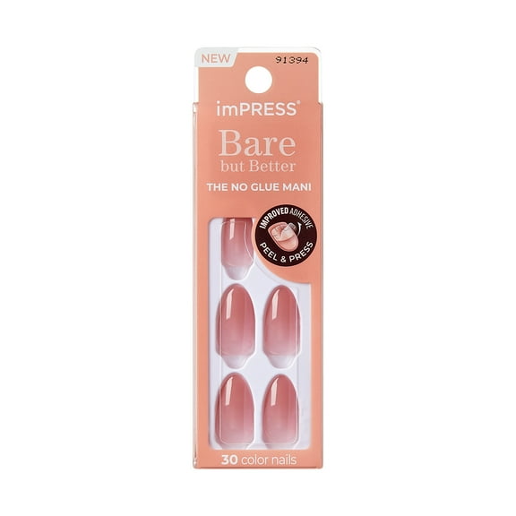 KISS imPRESS Bare but Better  Press on Nails, Serenity, Pink, Medium Almond, 30 Count