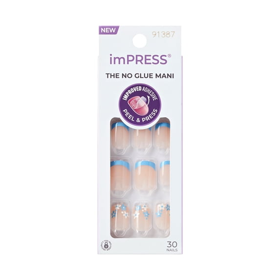 IMPRESS Modern French Tip Press On Nails, No Glue Needed, Blue Tips, Short Square, 30 Count