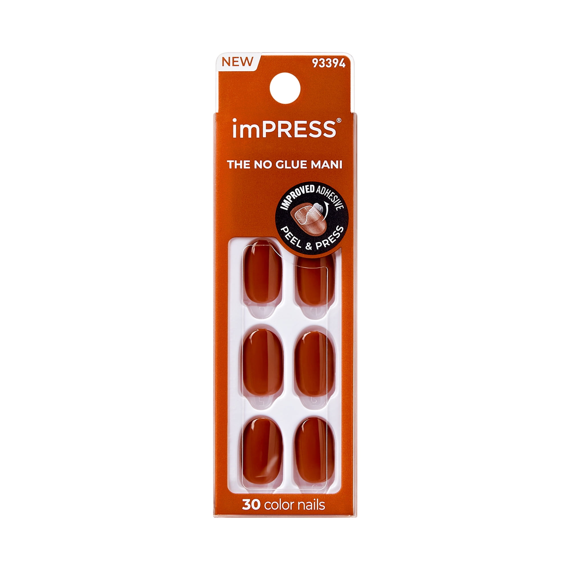 KISS imPRESS Color Press on Nails, Spiced Cider, Brown, Short Oval, 30 Count