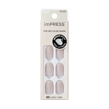KISS imPRESS no glue needed press on nails, color, velvet twilight, neutral, short oval, 30 count