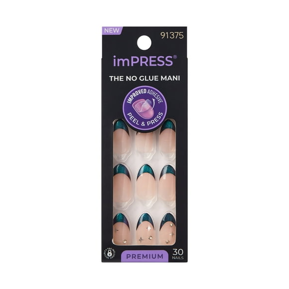 imPRESS Premium Press On Nails, No Glue Needed, Green French Tip, Medium Almond, 30 Ct.