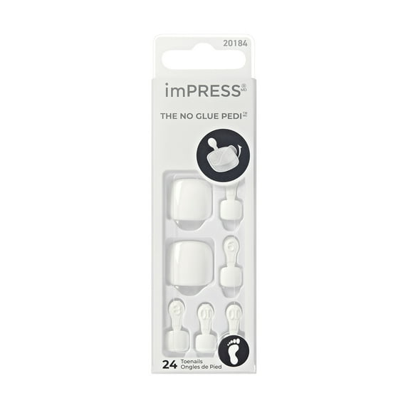 KISS imPRESS Press on Toenails, Color, Simply White, White, Short Squoval, 24 Count