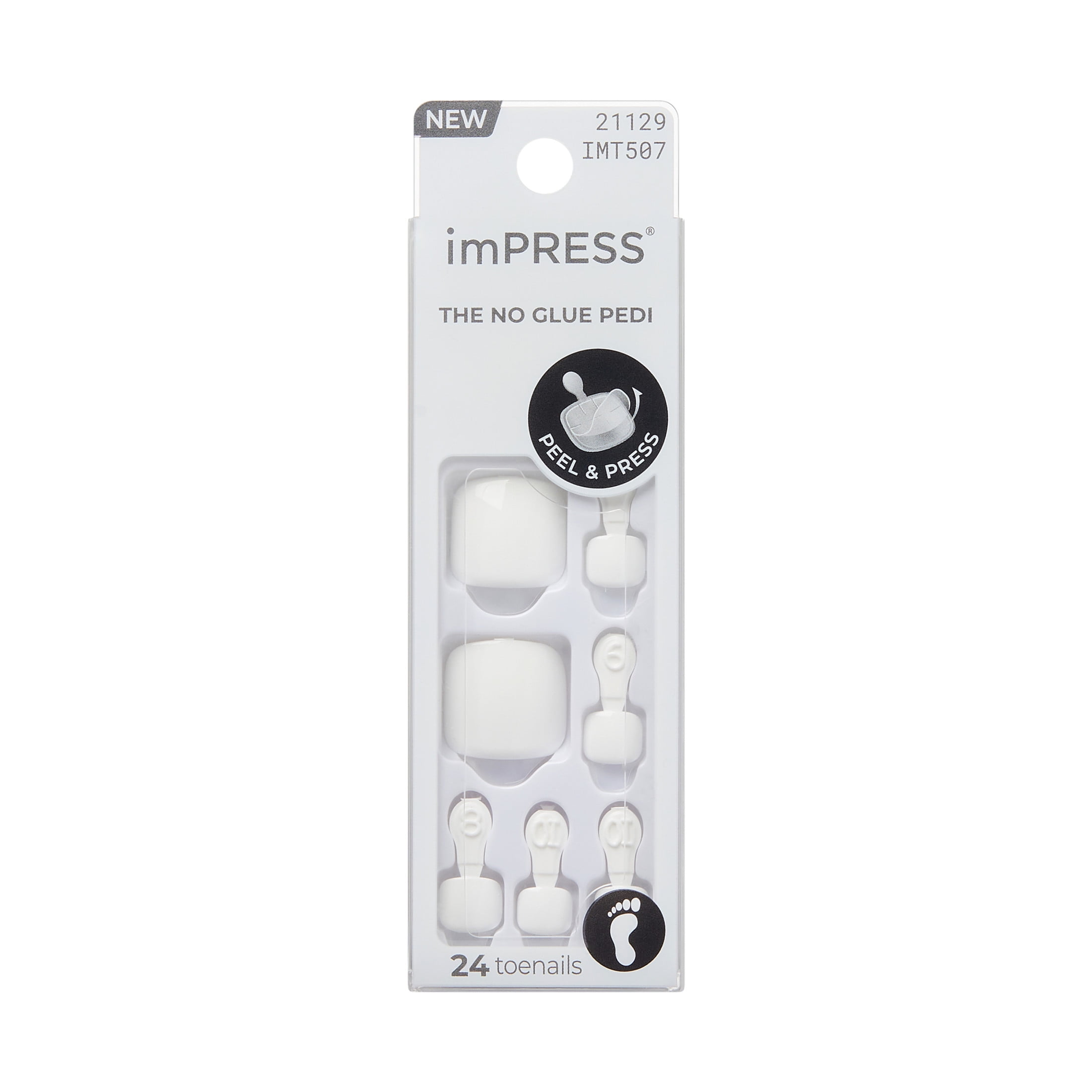 imPRESS Press On Toenails, 'Angel Vibes', White, Short Length, Squoval Shape, 24 Count
