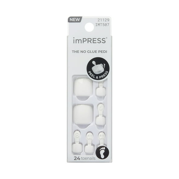 imPRESS Press On Toenails, 'Angel Vibes', White, Short Length, Squoval Shape, 24 Count
