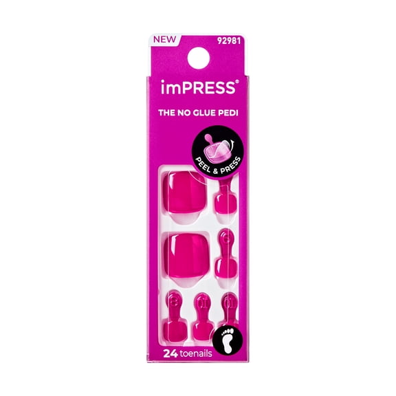 Impress Press On Toenails, No Glue Needed, Pink, Short Length, Squoval Shape, 27 Ct.