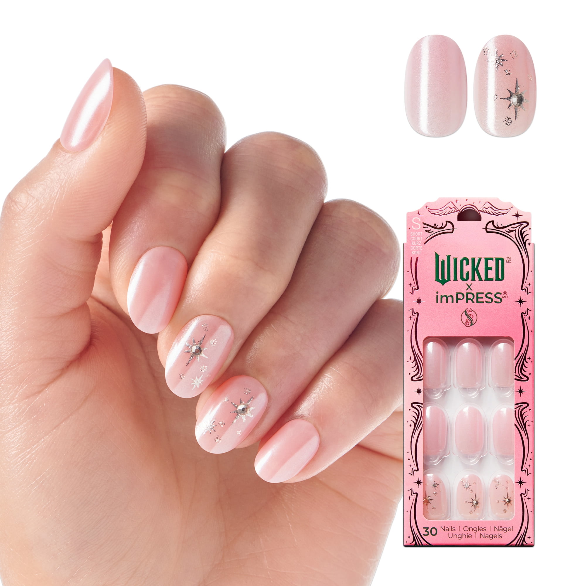 WICKED X imPRESS Press on Nails, Floating Over OZ, Pink, Short Oval, 30 Count