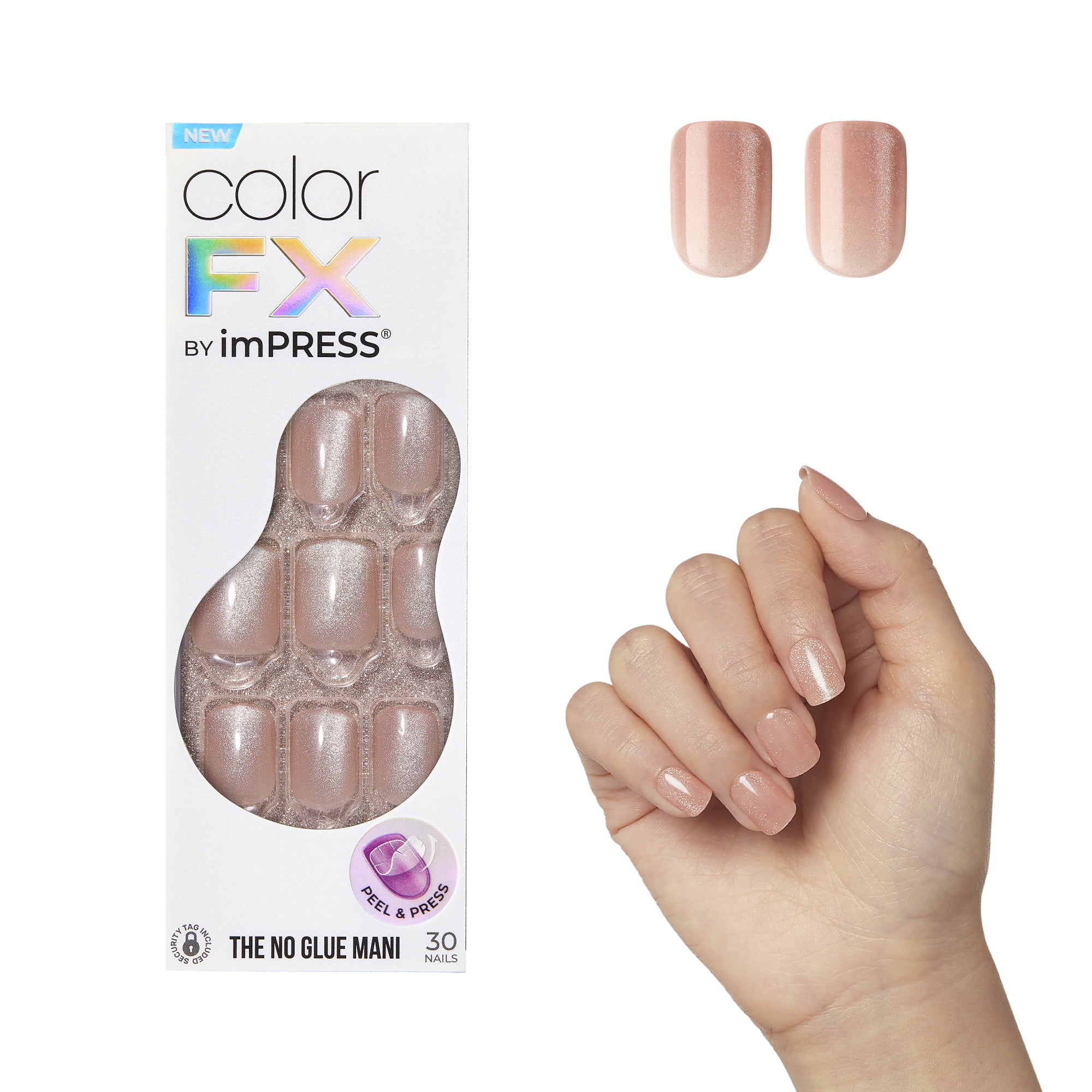 KISS imPRESS Color FX Press on Nails, Starstruck, Beige, Short Squoval, 30 Count