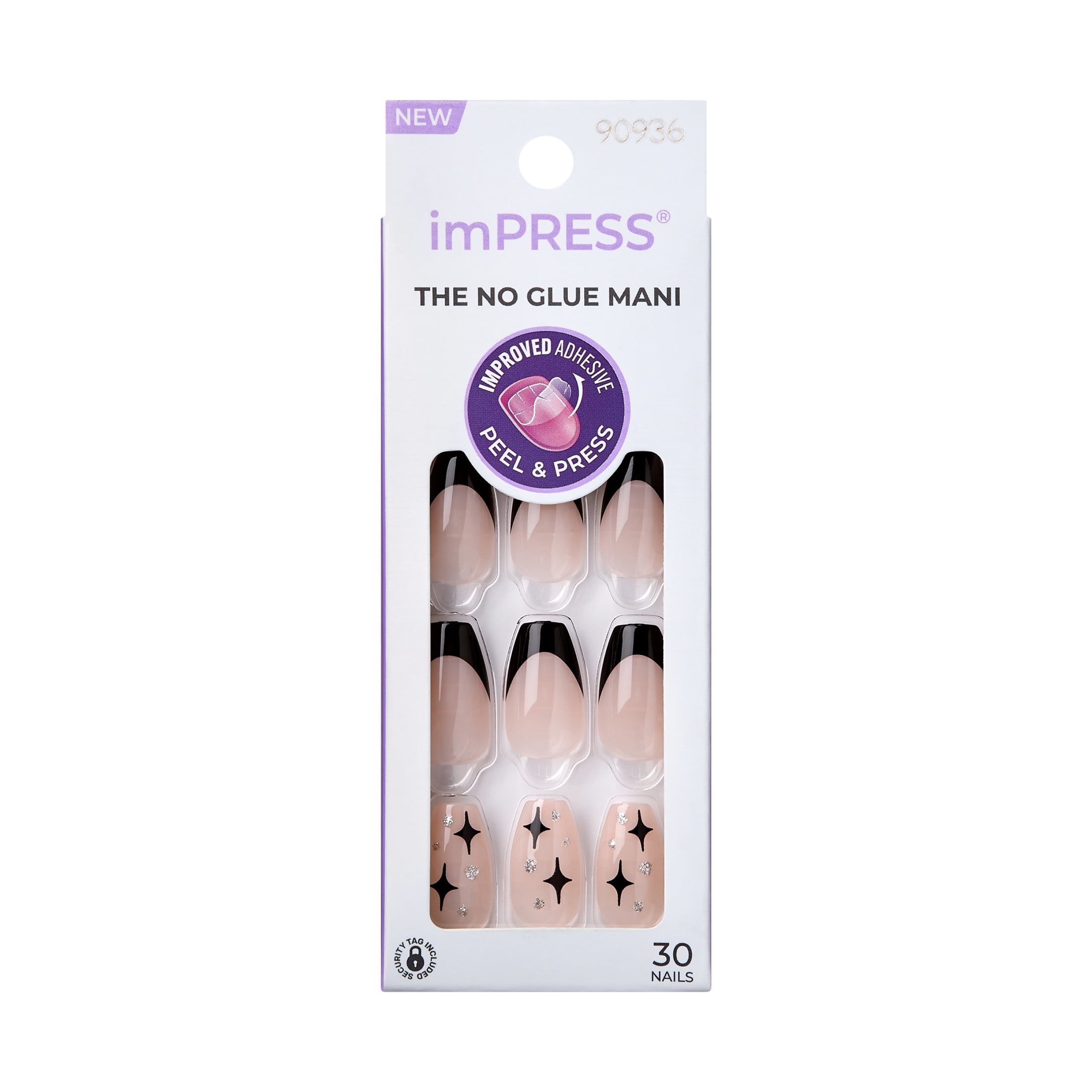 KISS imPRESS Press on Nails, For the Night, Black, Medium Coffin, 30 Count