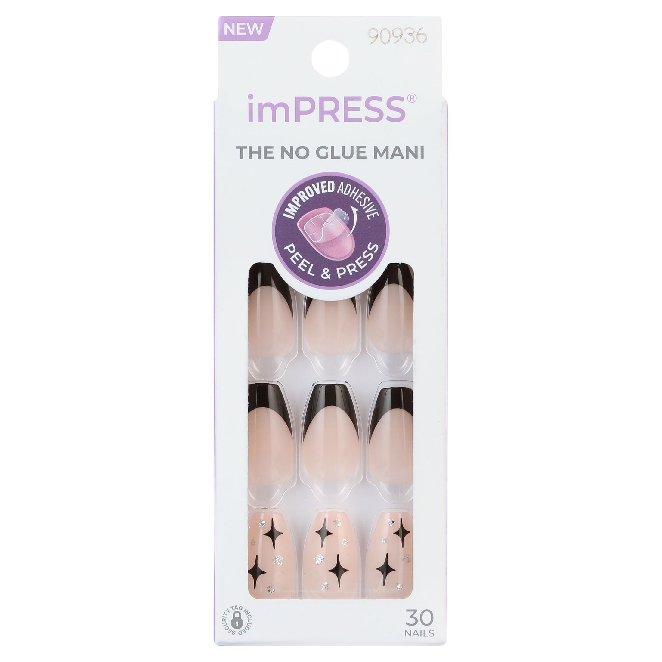 KISS imPRESS No Glue Needed Press On Nails, Design, For the Night, Black, Medium Coffin, 30 Count