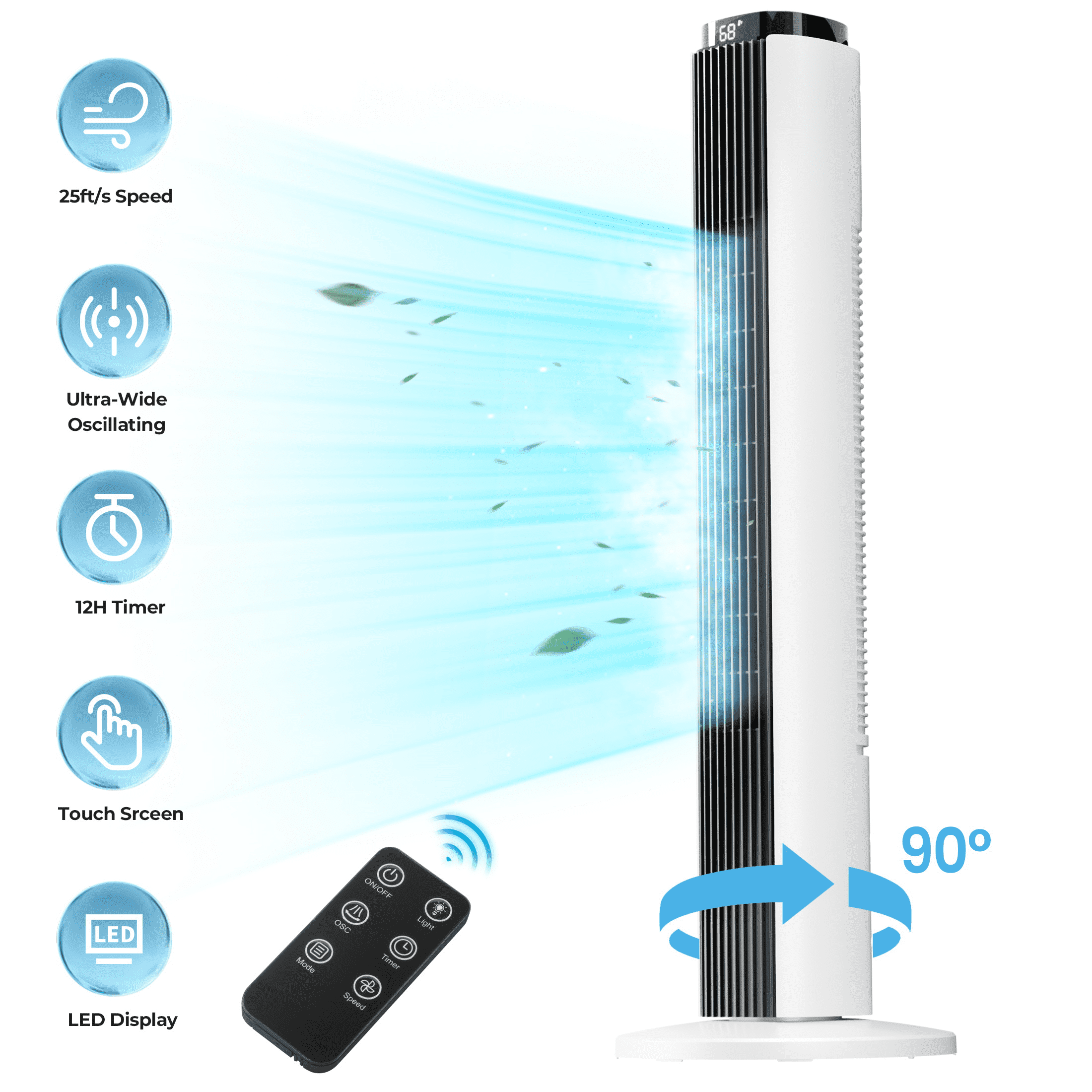 KISSAIR 37" Tower Fan with Remote, 6 Speeds, 4 Fan Modes with LED Display, 12H Timer, 90°Oscillation Fans,  Speeds Adjustable, Remote Control Suitable for Home/Bedroom/Office, Black-White mix