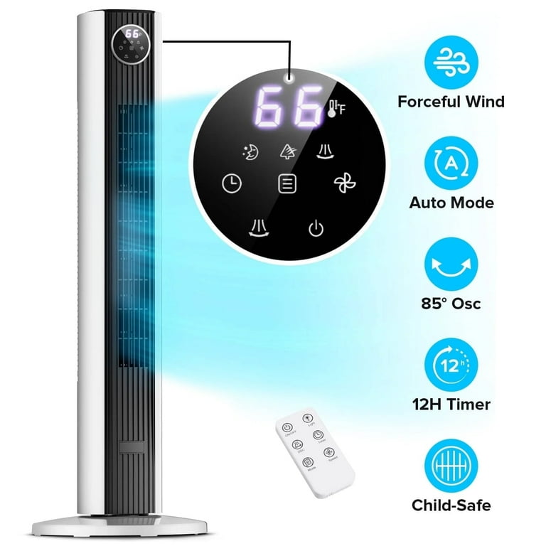 KISSAIR 35" Tower Fan, 4 Fan Modes with LED Display, 12H Timer, 85°Oscillation Fans, 3 Speeds Adjustable, Remote Control Suitable for Home/Bedroom/Office, Black-White mix