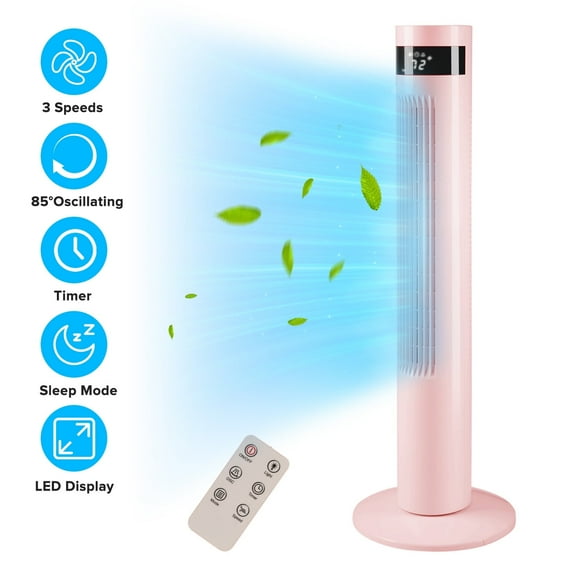 KISSAIR 35" Tower Fan Portable Floor Fans with Remote Control & 12H Timer 3 Speeds Wind 3 Modes, Pink