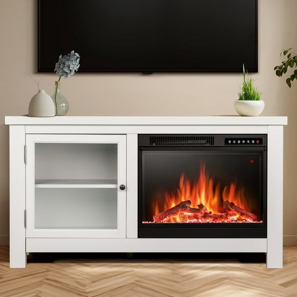 KISSAIR 48'' Electric Fireplace Mantel, Remote Control, Adjustable LED Flame, 750W/1500W Free Standing FireplaceWhite