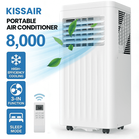 KISSAIR Portable Air Conditioner 8000 BTU Ashrae, 3-in-1 Portable AC, Dehumidifier & Fan with 24-Hour Timer/Remote Control/Windows Kit (White)
