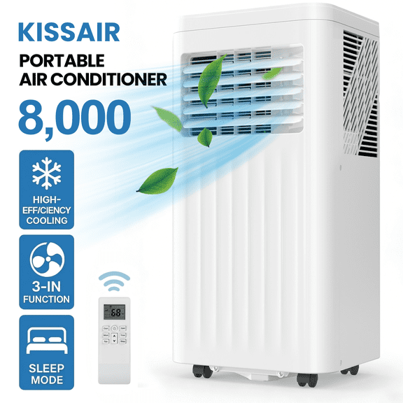 KISSAIR Portable Air Conditioner 8000 BTU Ashrae, 3-in-1 Portable AC, Dehumidifier & Fan with 24-Hour Timer/Remote Control/Windows Kit (White)