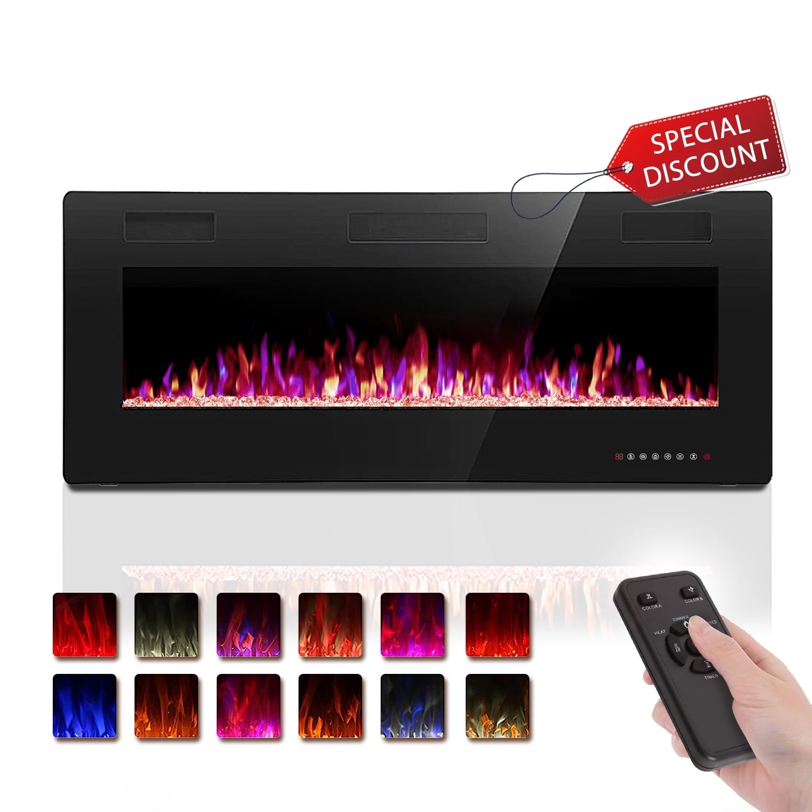 KISSAIR 50 1500W Wall Mounted Recessed Electric Fireplace,12 Flame Color Modes,Touch Screen & Remote Control,Ultra Thin & Low Noise