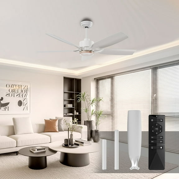 KISSAIR 52 In 5 Blades Ceiling Fan with Light and Remove Control 6 Speeds & Reversible DC Motor,3 Color Dimmable LED, Ultra Quiet 45dB, Timer Function (WHITE)