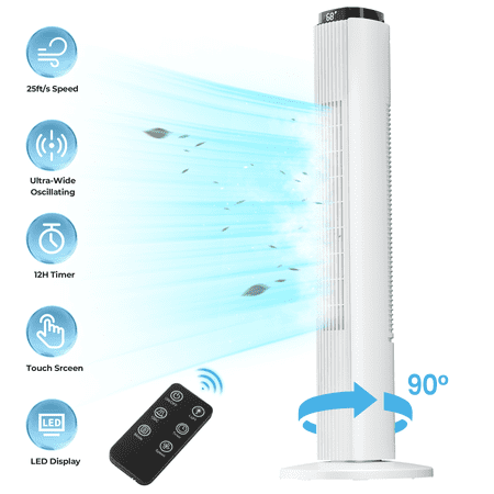 KISSAIR 37" Tower Fan with Remote, 6 Speeds, 4 Modes, LED Display, 12H Timer, 90 ° Oscillating, Bladeless Quiet Fan for Bedroom, Home & Office, White