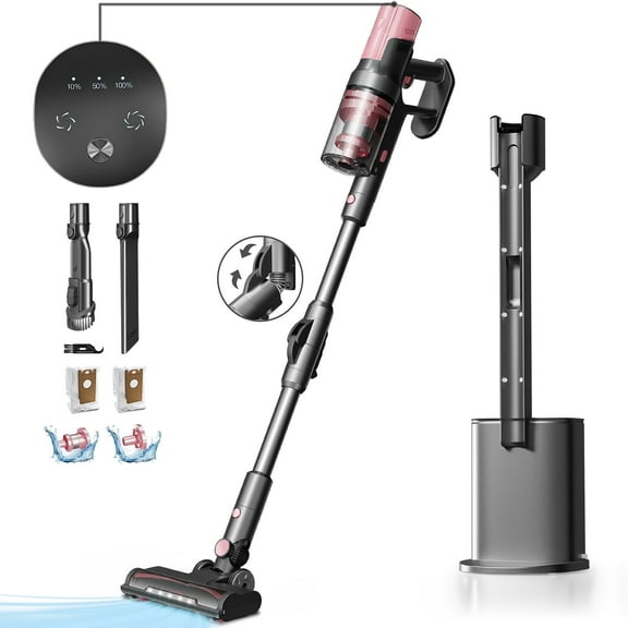 KISSAIR Clean & Empty Cordless Stick Vacuum – Lightweight Cordless with HEPA Filter, Portable, Rechargeable, Auto-Empty System, Stick Vacuum for Pet Hair, Carpets & Hardfloor, Pink