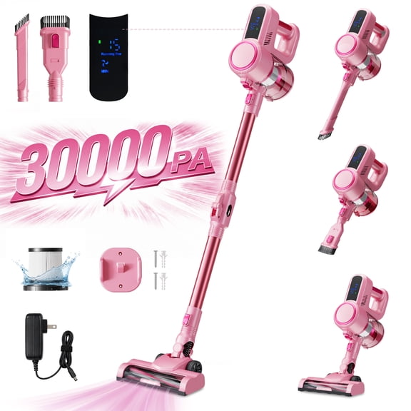 KISSAIR Cordless Stick Vacuum Cleaner, Brushless motor 6-in-1 Lightweight Self-standing Led Display Screen Vacuum Cleaners for Home, Pink