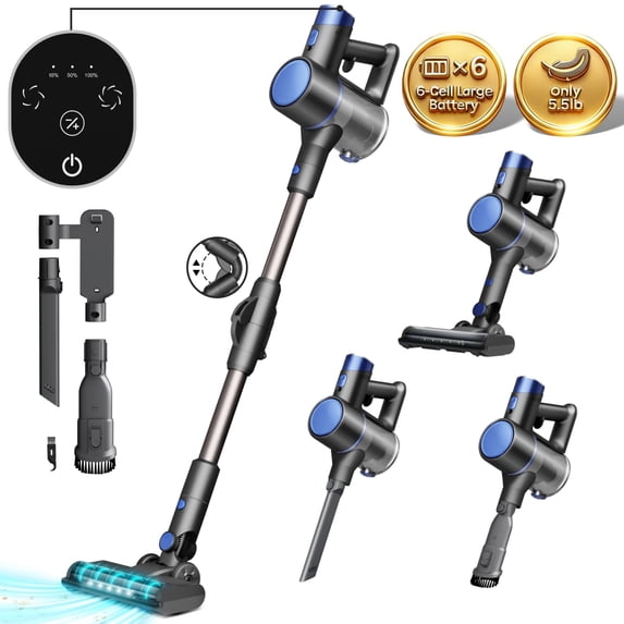 KISSAIR Cordless Vacuum Cleaners for Home 50min 2200mah Lightweight 5.5lb Led Display Screen Stick Vacuum Cleaners Hardwood Floor Carpet Pet Hair, Blue