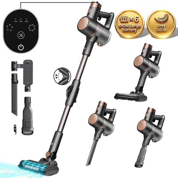 KISSAIR Cordless Vacuum Cleaner 50min 2200mah Lightweight 5.5lb Led Display Screen Stick Vacuum Cleaners for Home Hardwood Floor Carpet Pet Hair, Grey