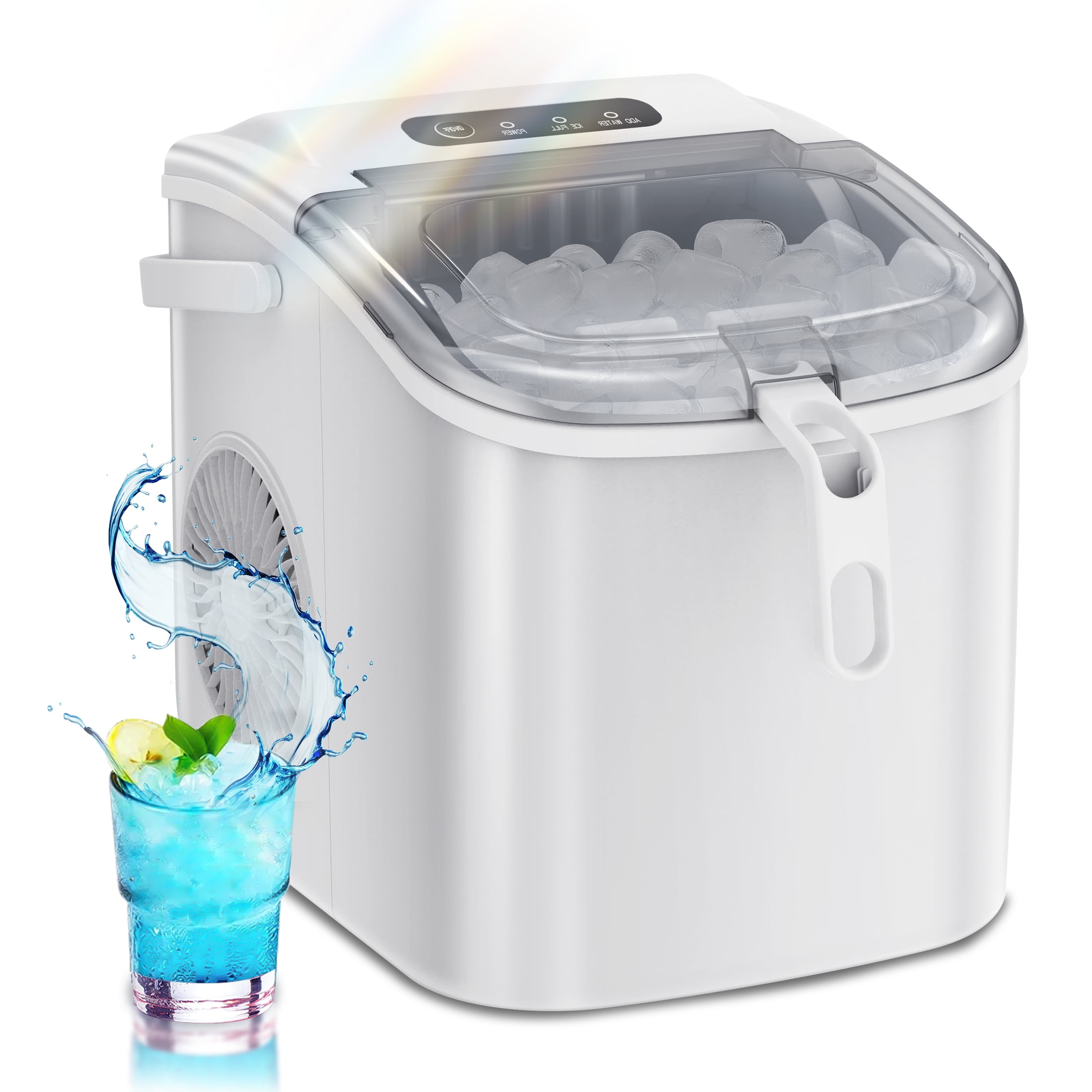 KISSAIR Portable Ice Maker Countertop, with Handle, 26Lbs/24H, 9Pcs/6Mins,  One-Click Operation Ice Makers with Ice Scoop and Basket, Self-Cleaning,  for Kitchen/Office/Bar/Party (White) 
