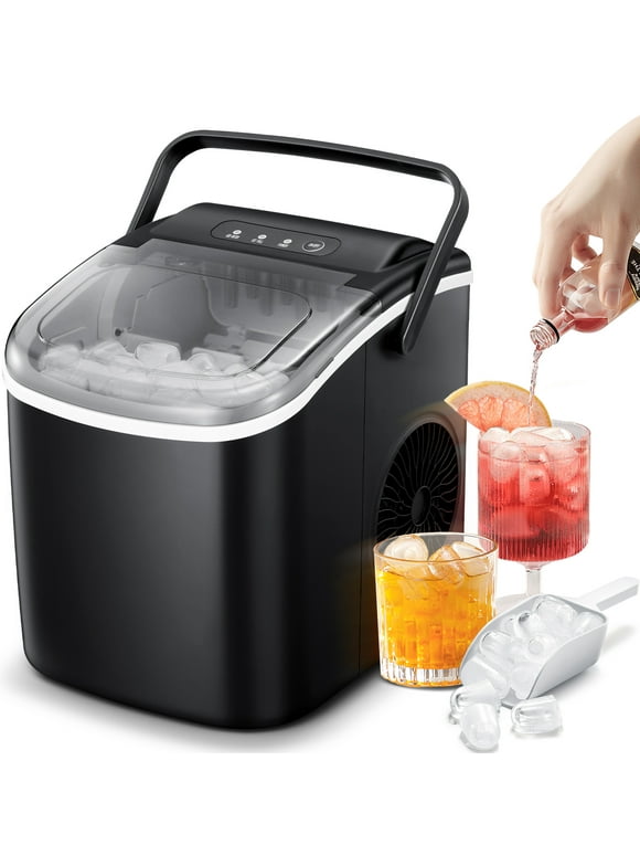 KISSAIR Countertop Ice Maker, Self-Cleaning Portable Ice Maker Machine with Handle, 9 Bullet-Shaped Ice Cubes Ready in 6 Mins, 26Lbs/24H with Ice Scoop and Basket for Home/Kitchen/Party