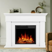 KISSAIR Electric Fireplace Mantel Package Wooden Surround Firebox Electric Fireplace Heater with Logs, Adjustable Led Flame, Remote Control, 750W-1500W, White