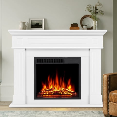 Auseo Electric Fireplace Mantel Package Wooden Surround Firebox Electric Fireplace Heater with Logs, Adjustable Led Flame, Remote Control, 750W-1500W, White