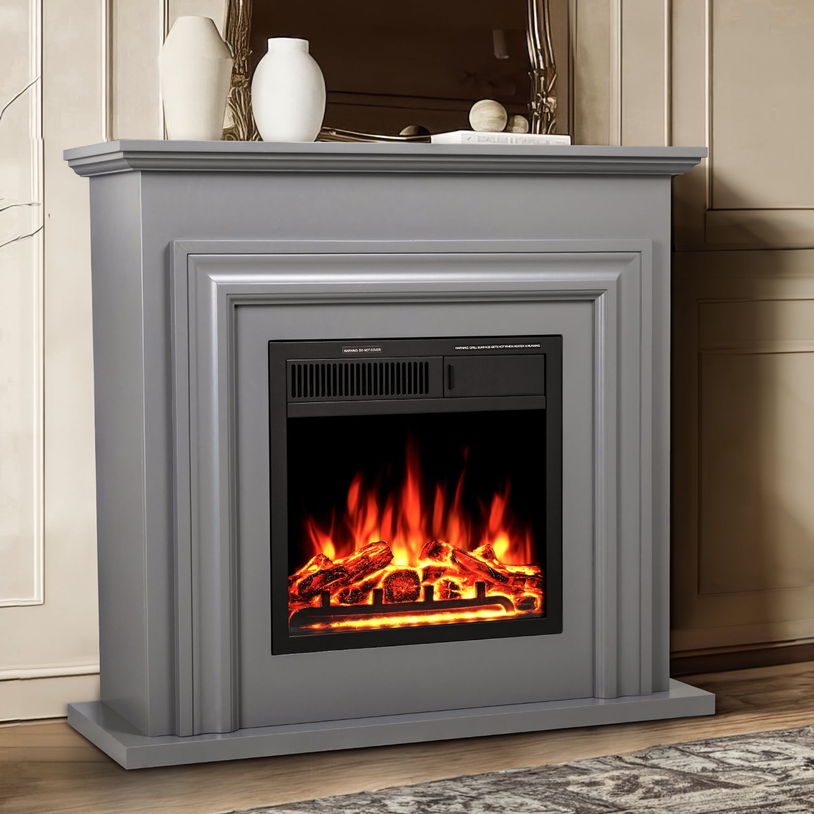 KISSAIR Electric Fireplace Mantel, Wood Surround Firebox, Freestanding Corner Fireplace, Adjustable Flame Brightness, Remote Control, Gray