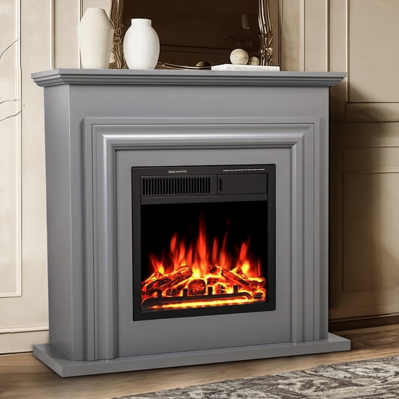 KISSAIR Electric Fireplace Mantel, Wood Surround Firebox, Freestanding Corner Fireplace, Adjustable Flame Brightness, Remote Control, Gray