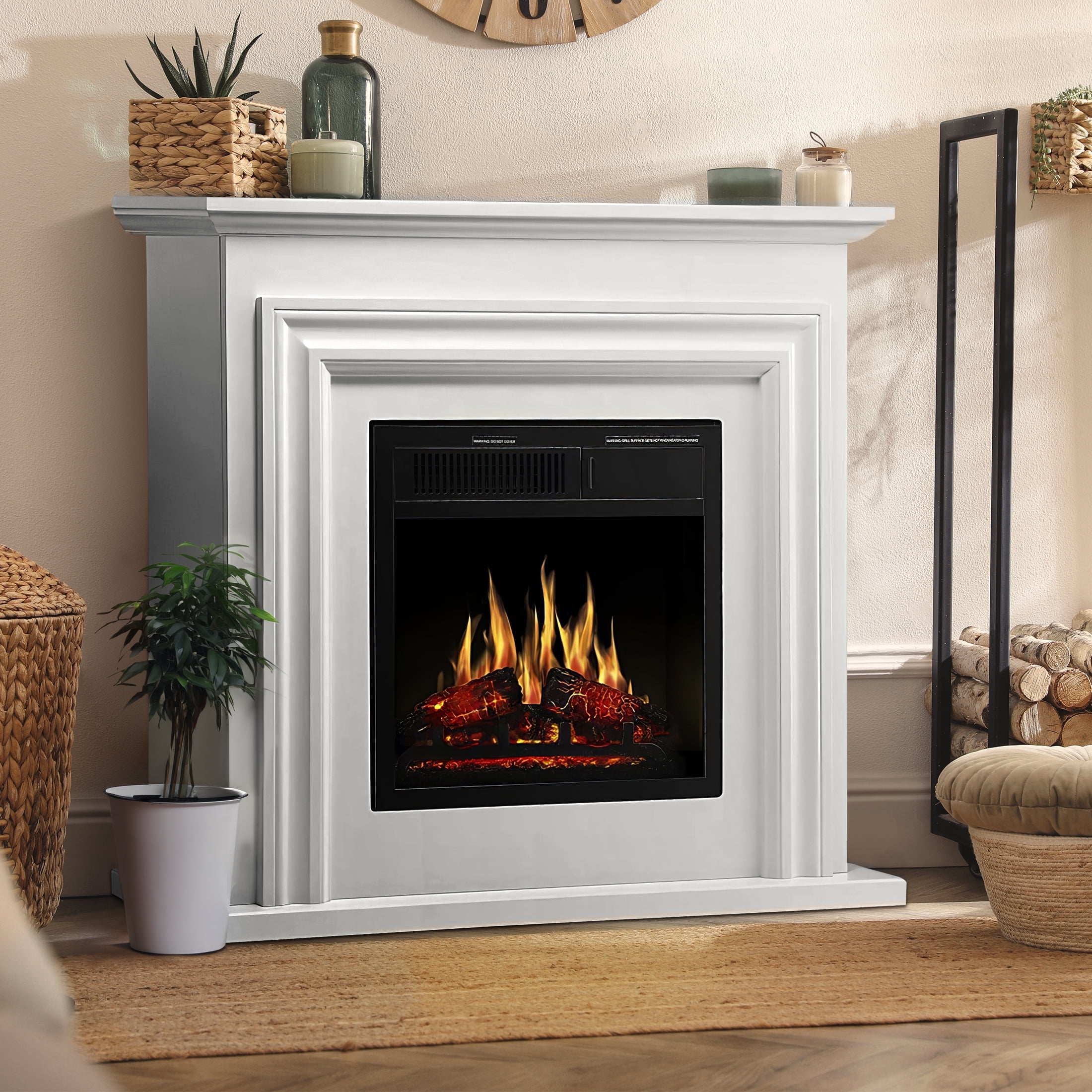 KISSAIR Electric Fireplace Mantel Wooden Surround Firebox, Free Standing Fireplace, with Remote Control, Adjustable LED Flame, 750W/1500W -Pearl White