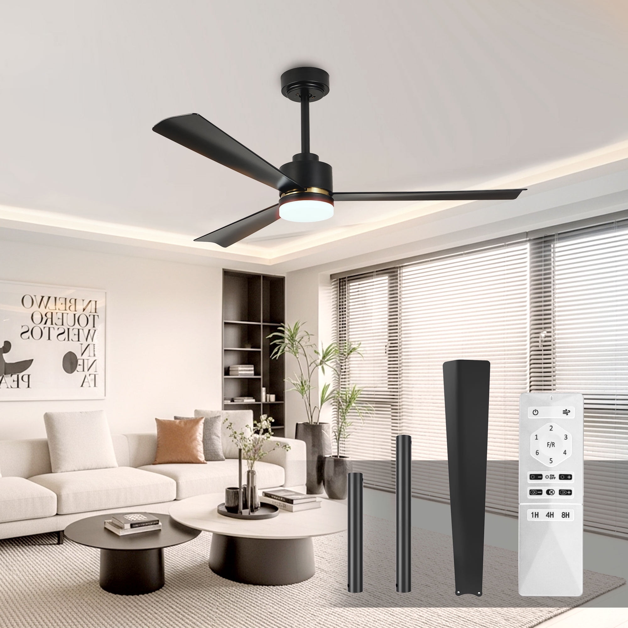 KISSAIR 52 In Ceiling Fan with Light and Remove Control 6 Speeds & Reversible DC Motor,3 Color Dimmable LED, Ultra Quiet 45dB, Timer Function (Black)