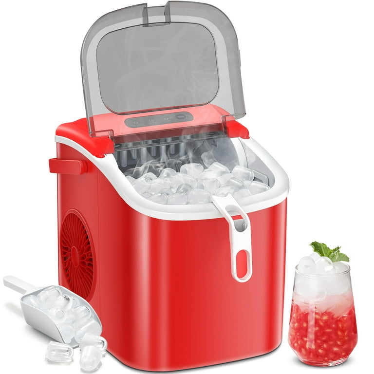 KISSAIR Portable Ice Maker Countertop, 9Pcs/8Mins, 26lbs/24H, Self-Cleaning  Ice Machine with Handle for Kitchen/Office/Bar/Party, Red 