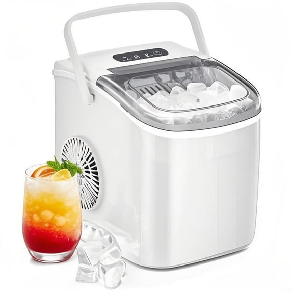Moifoi Portable Ice Maker Countertop with Handle, 26Lbs/24H, One-Click Operation Ice Make with Ice Scoop and Basket, Self-Cleaning (White)