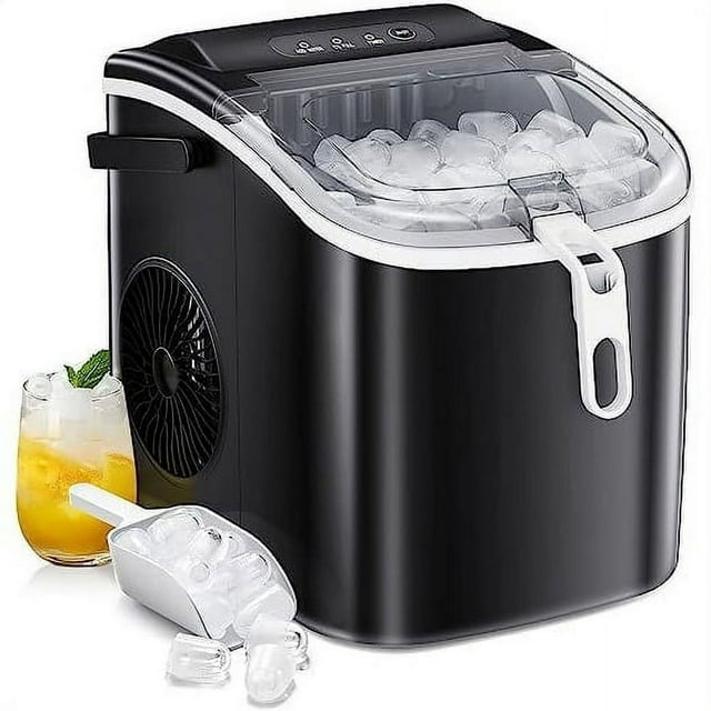 KISSAIR Portable Ice Maker Machine with Handle,26Lbs/24H,Bullet-Shaped Ice Cubes, Black