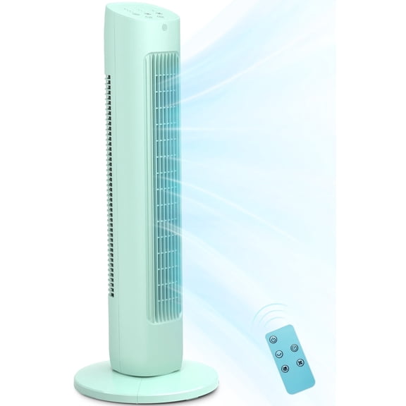 KISSAIR 30" Compact Tower Fan for Bedroom – 85° Oscillating, 3 Speeds, Normal/Sleep 2 Modes, 15H Timer, LED Display & Remote, Portable Bladeless Fan, Green