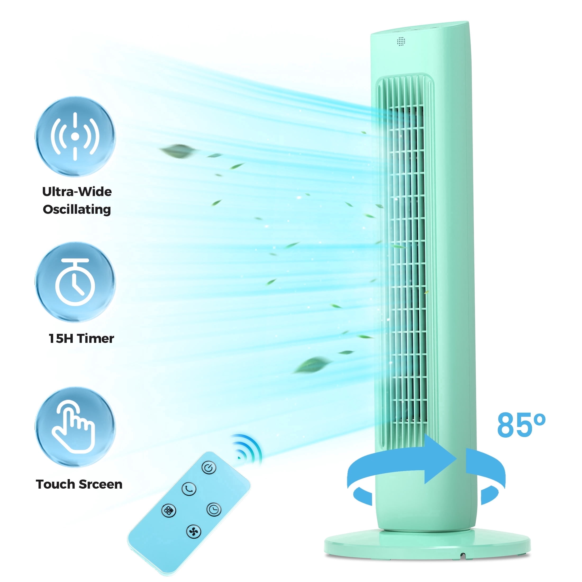 KISSAIR 31" Compact Tower Fan for Bedroom – 85° Oscillating, 3 Speeds, Normal/Sleep 2 Modes, 15H Timer, LED Display & Remote, Portable Bladeless Fan, Green